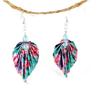 Origami Paper Earrings Hand Folded Pink and Blue with Accent Beads